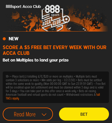 Score a $5 free bet every week with our ACCA club 