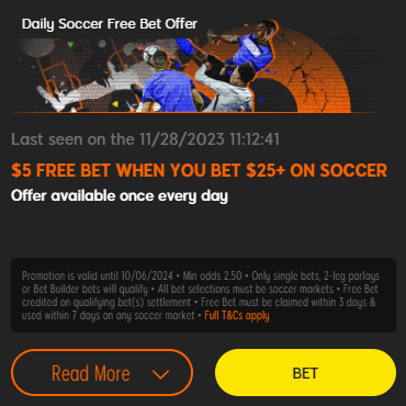 $5 free bet when you bet $25+ on soccer