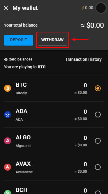 Withdraw button in the Wallet section of Cloudbet