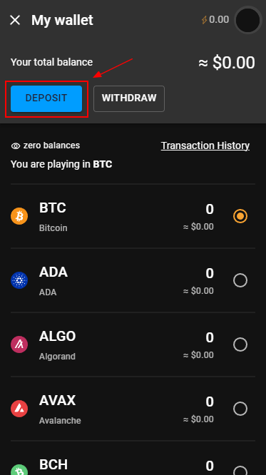 Deposit button in the Wallet section of Cloudbet