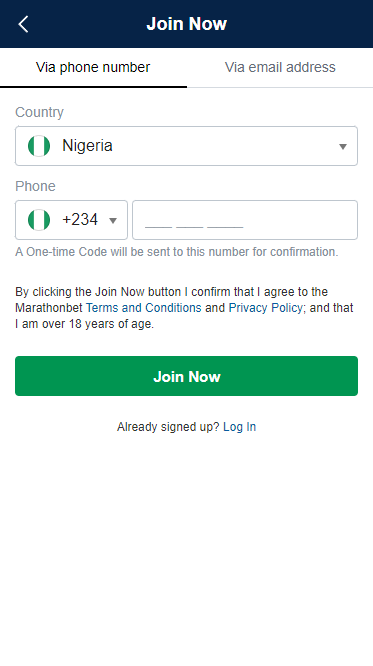 Registration in the Marathonbet app using your phone number