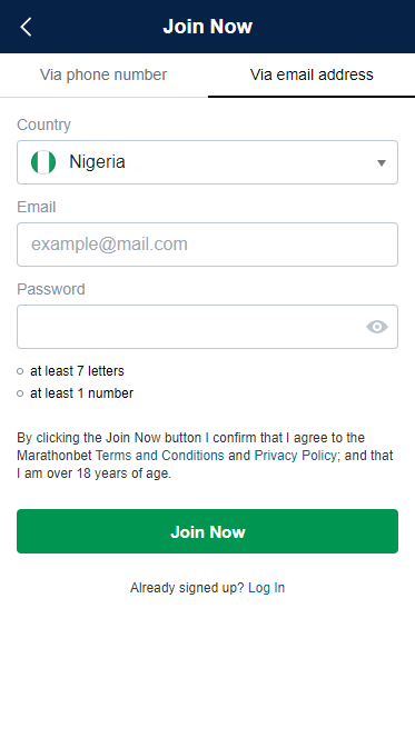 Registration in Marathonbet application via e-mail 