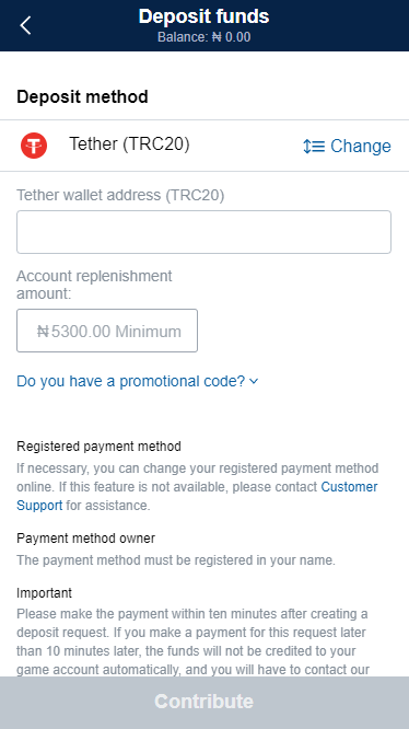 Deposit with Tether (TRC20)