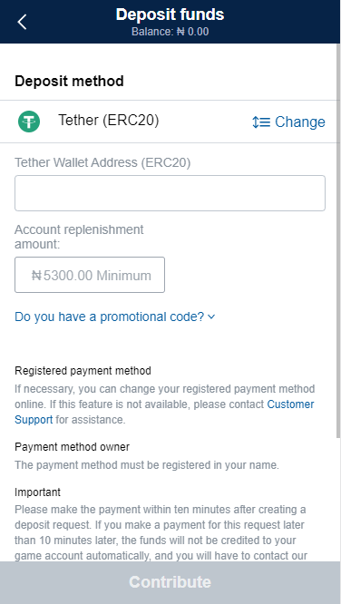 Deposit with Tether (ERC20)