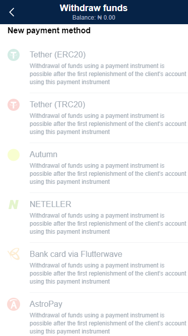 Methods for withdrawing funds from the user account