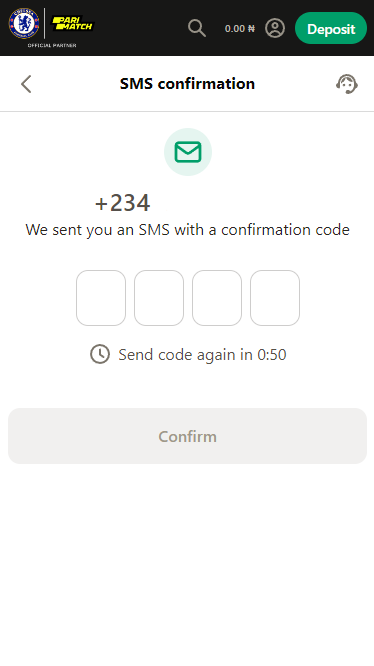 Code confirming registration on PariMatch