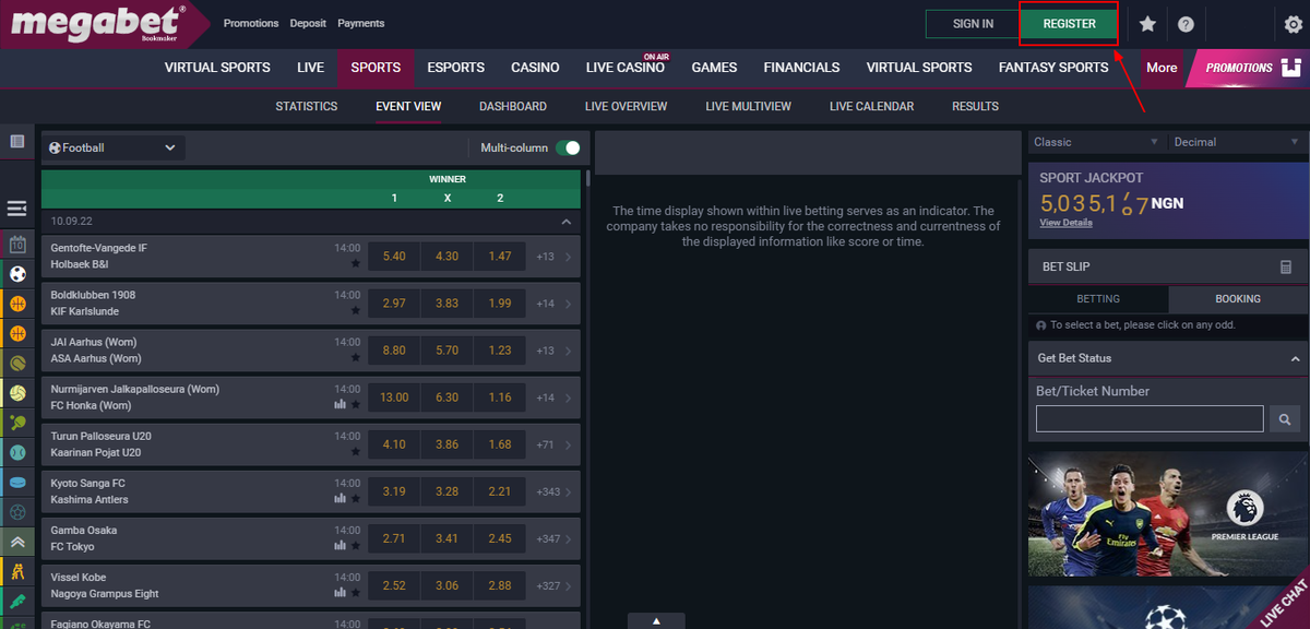 Register button on the MegaBet website