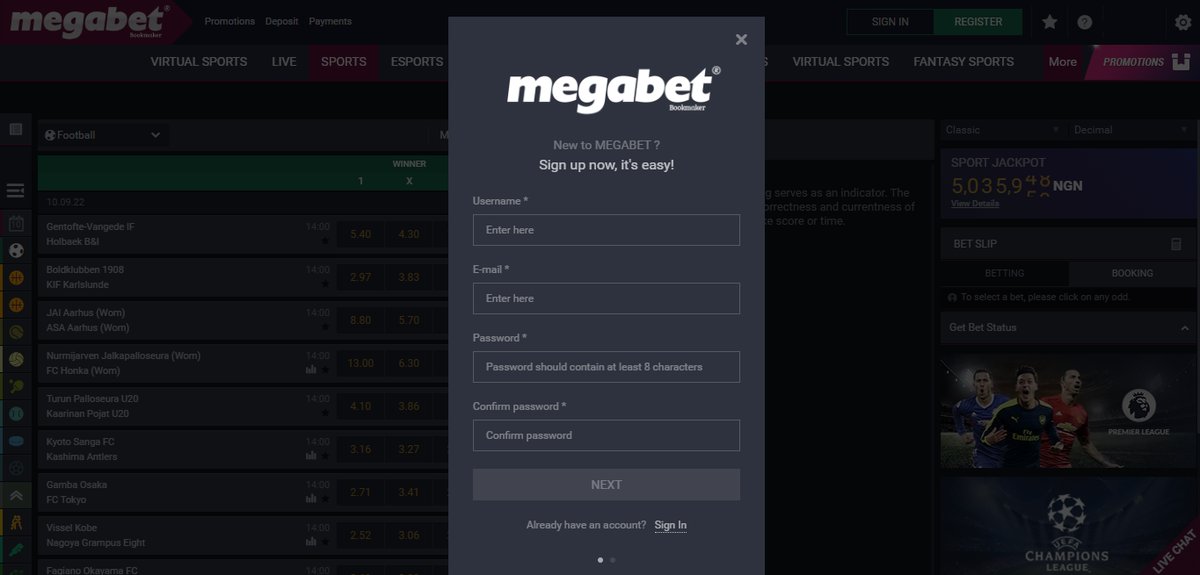 The first stage of registration on the MegaBet website