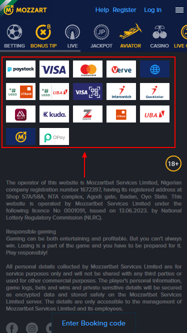 Mozzart payment methods