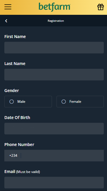 The first step of registartion on Betfarm
