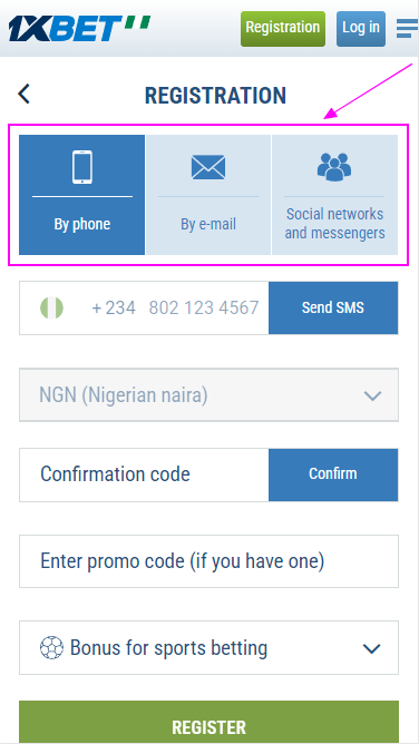 Variants of registation on the 1xBet website