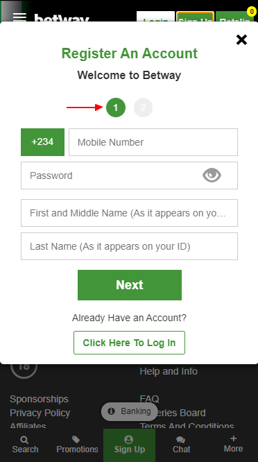 The first step of registration in the Betway app