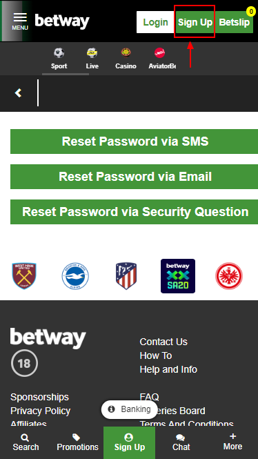 Registration button on the Betway mobile app