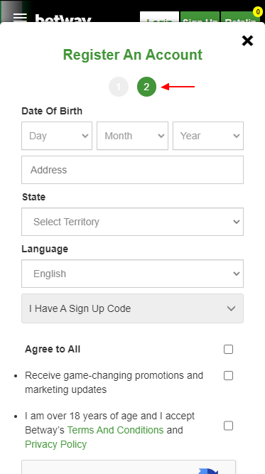 The second stage of registration in the Betway app