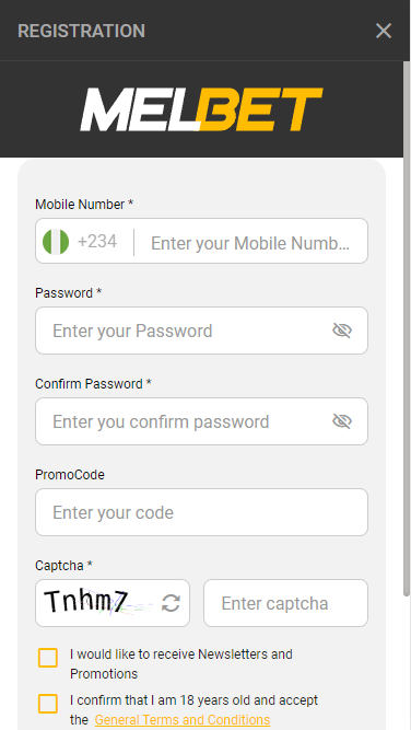 Melbet registartion form