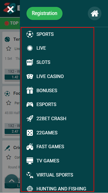 Menu in 22bet mobile app