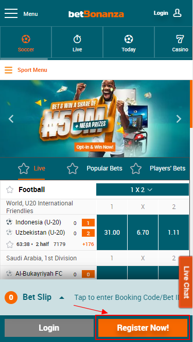 Registration button in betBonanza mobile application
