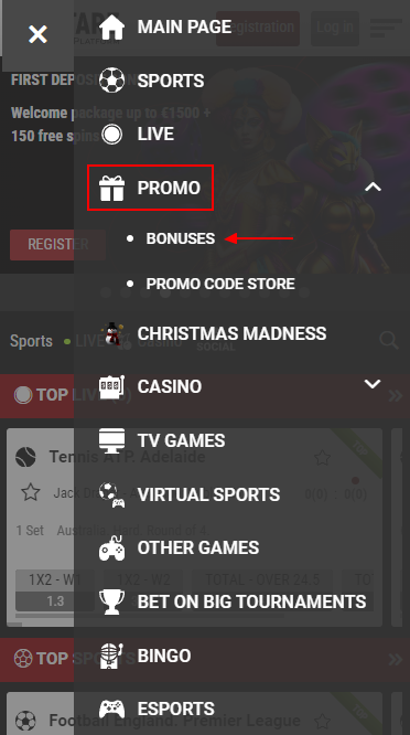 888Starz bonuses section