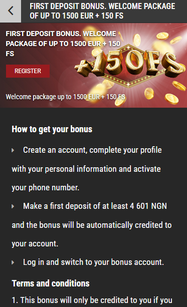 First deposit bonus. Welcome package of up to 1500 EUR + 150 FS