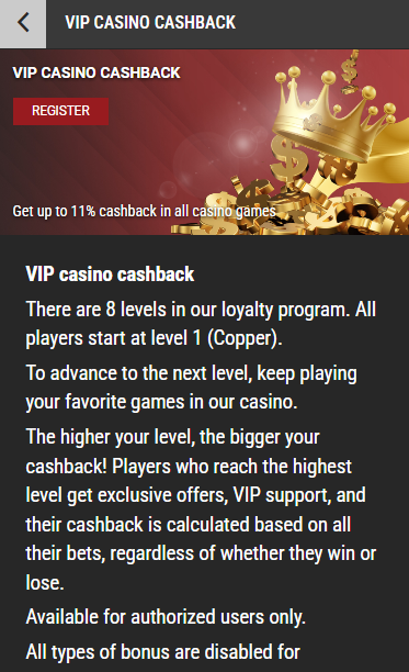 VIP casino cashback bonus