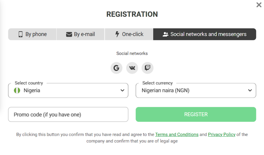 888starz registration via social networks