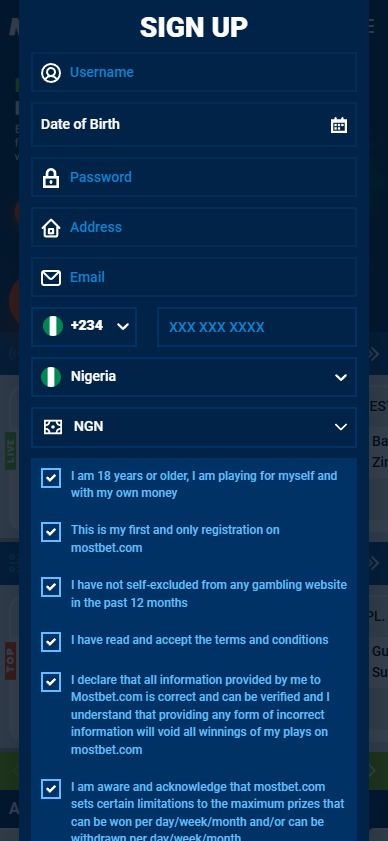 Mostbet Mobile Registration Form