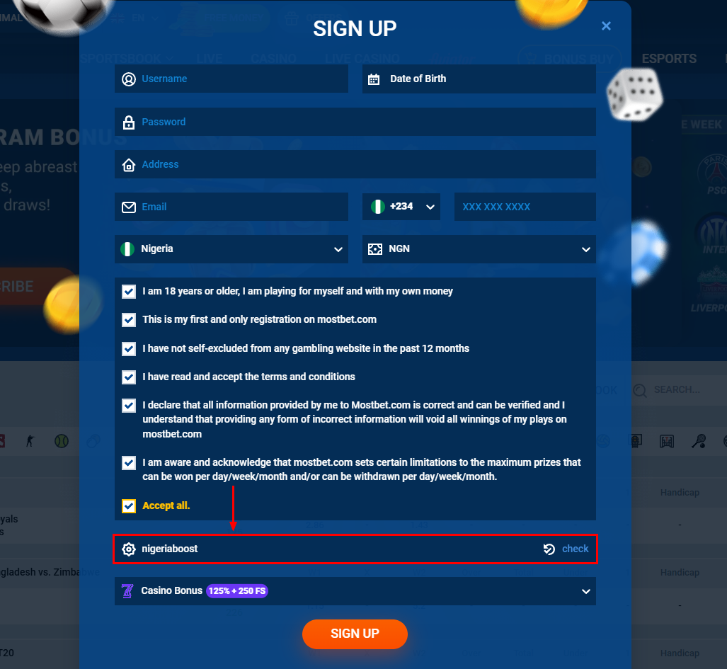 Mostbet Desktop Registration Form
