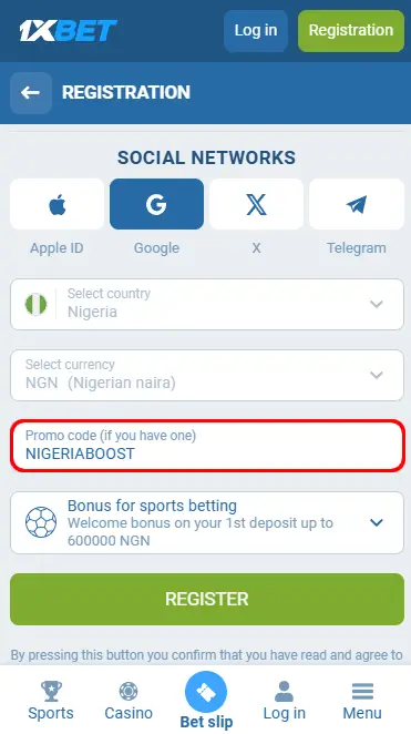 1xBet registration bonus code Nigeria 2025
