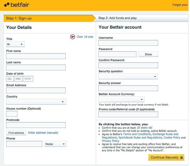 Betfair registration form