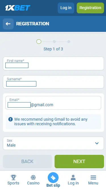 1xBet email registration