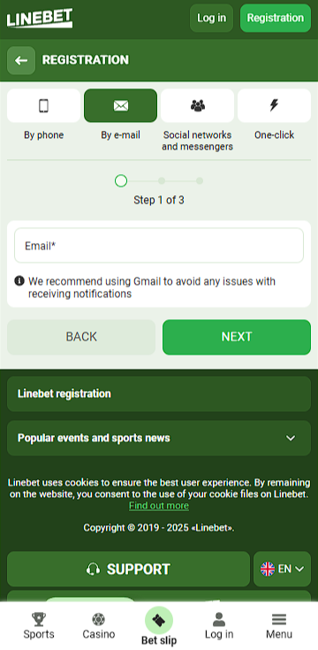 Register form Linebet