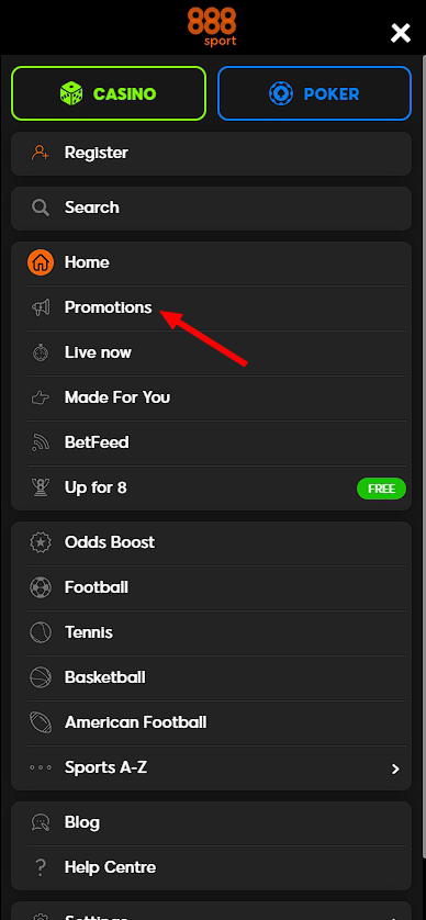 Promotions section 888sport mobile version