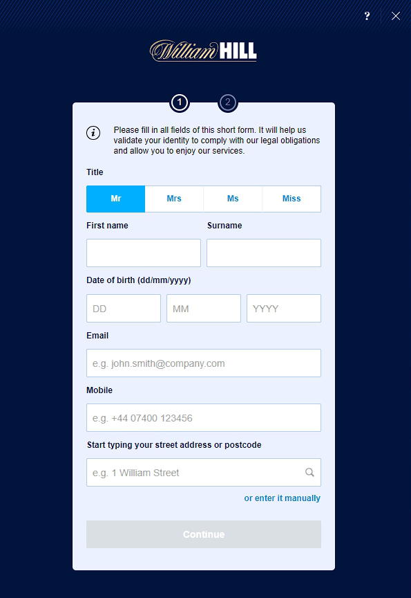 William Hill registration stage 1