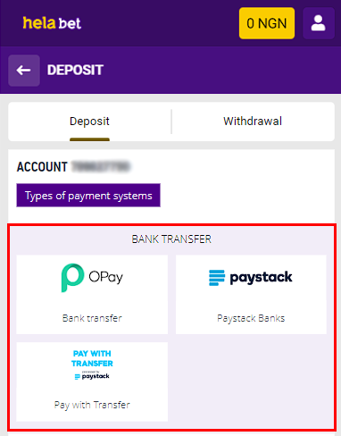 Deposit via Bank Transfer in Helabet