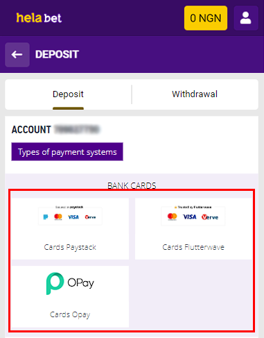 Deposit via Bank carsd in Helabet