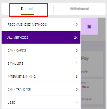 Available deposit methods in Helabet