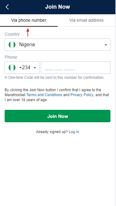 Registration on the Marathonbet website using a cell phone number 