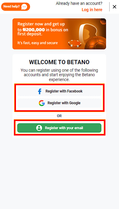 Options for registering on the Betano website