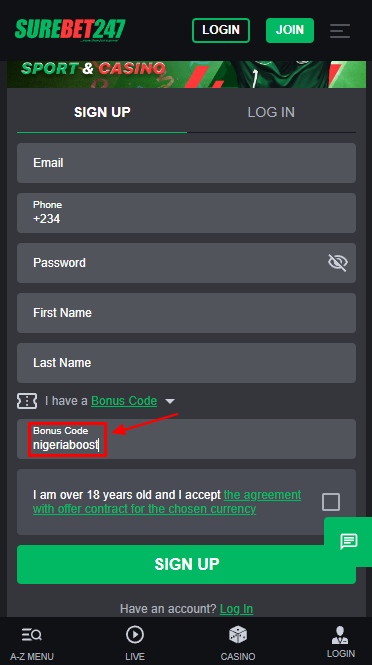 Surebet247 promo code field