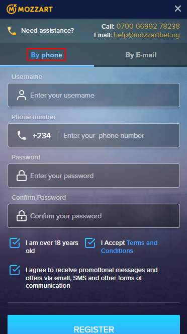 Registration on Mozzart website by phone