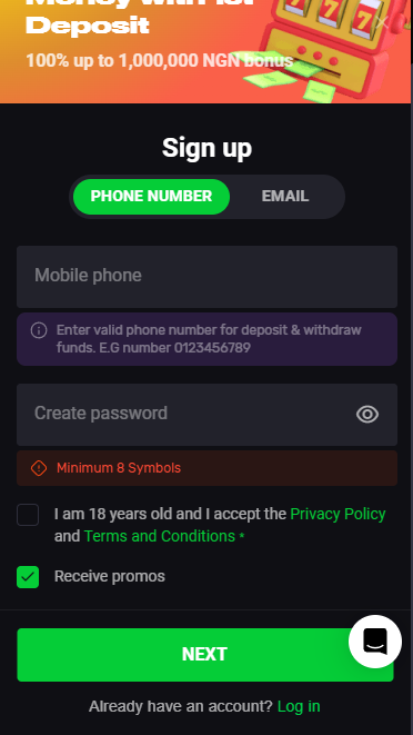 Registration by phone number on N1bet