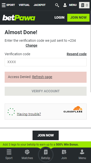 Registration confirmation code on BetPawa website