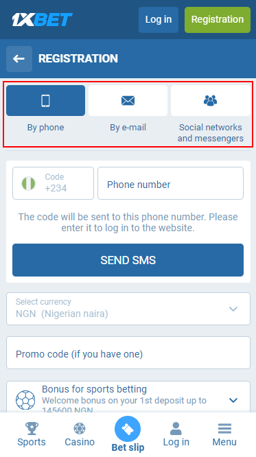 1xbet registration options