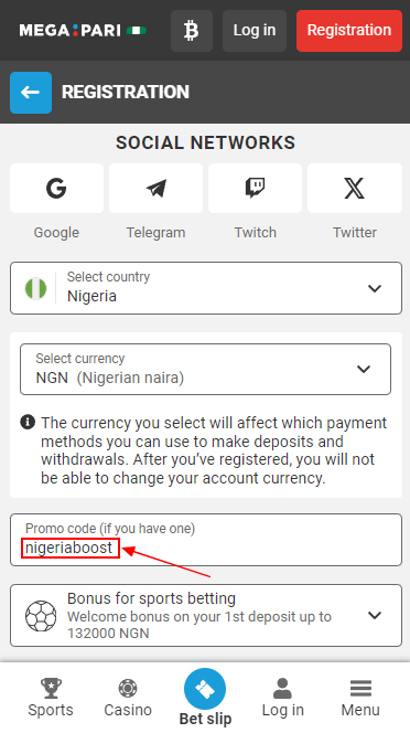 Application of bonus code in the registration form on MegaPari website