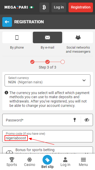Application of bonus code in the registration form on MegaPari website