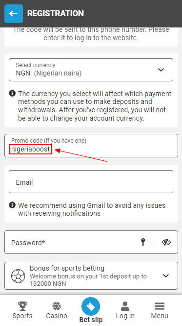 Application of bonus code in the registration form on MegaPari website