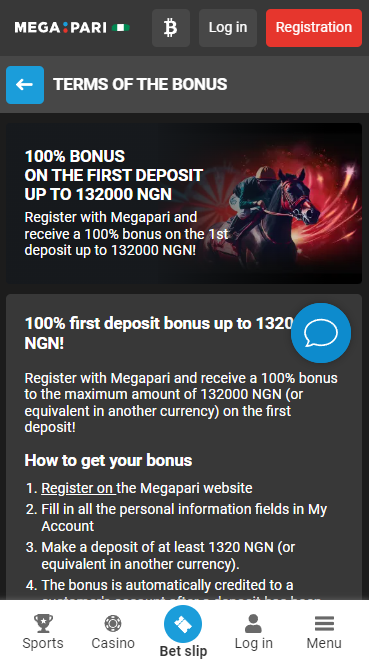 Welcome MegaPari deposit bonus