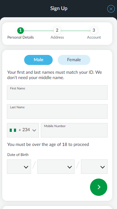 The first step of registration on BetVictor website