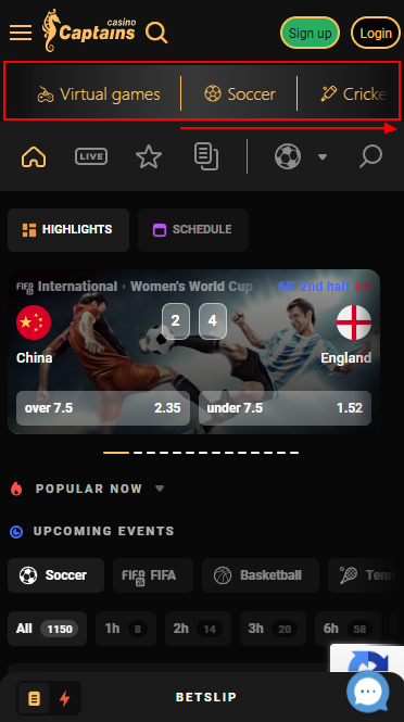 Menu on Captainsbet website