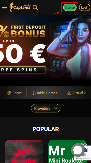 Registration button on Captainsbet website